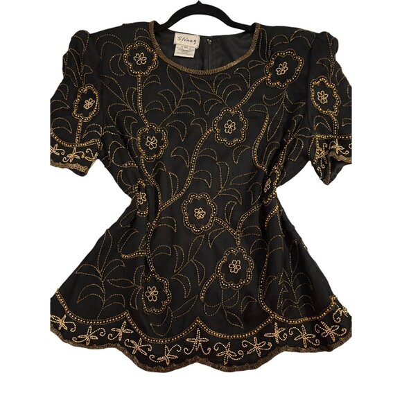 Vintage Sténay Black & Gold Silk Beaded Blouse XL - Picture 3 of 15